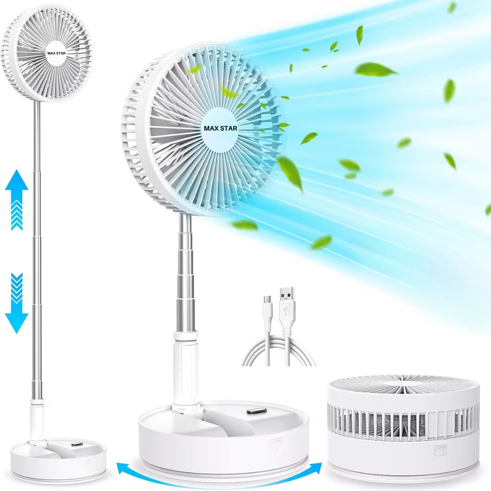 Max Star Ventilador Portátil USB, Recargable, Plegable Hasta 1M, Inclinable, Ventilador de Sobre Mesa, Potente, Silencioso, Autonomía 24h