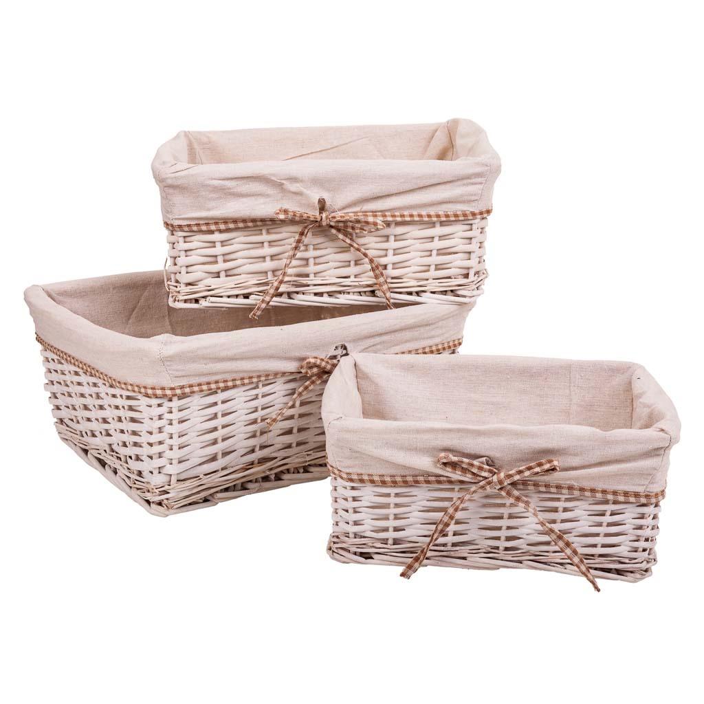Wonderlust Deco - Set 3 cestos de mimbre forrados blancos Blanco 41x31x17h-36x27x15h-31x22x14h cm