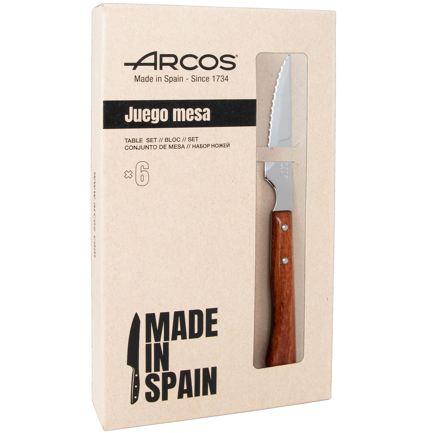 ARCOS Gregorio - Set 6 Cuchillos Chuleteros (110 / 220 mm) - Acero Inoxidable Nitrum® - Mango de Madera de Haya - 377600