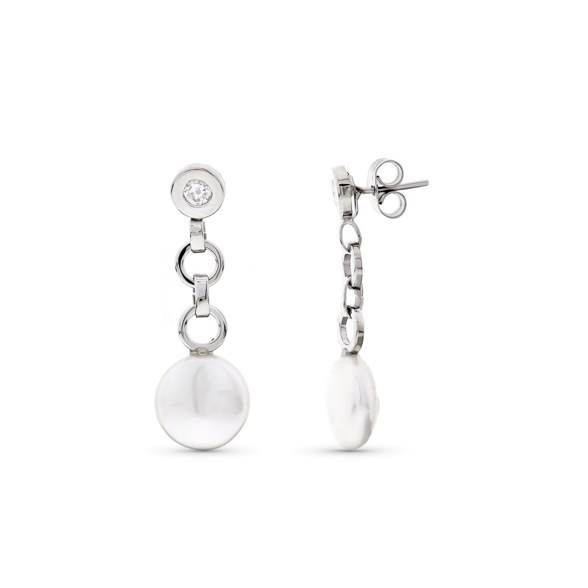 Pendientes oro blanco 18k mujer largos circonita combinada círculos calados perla chatón presión