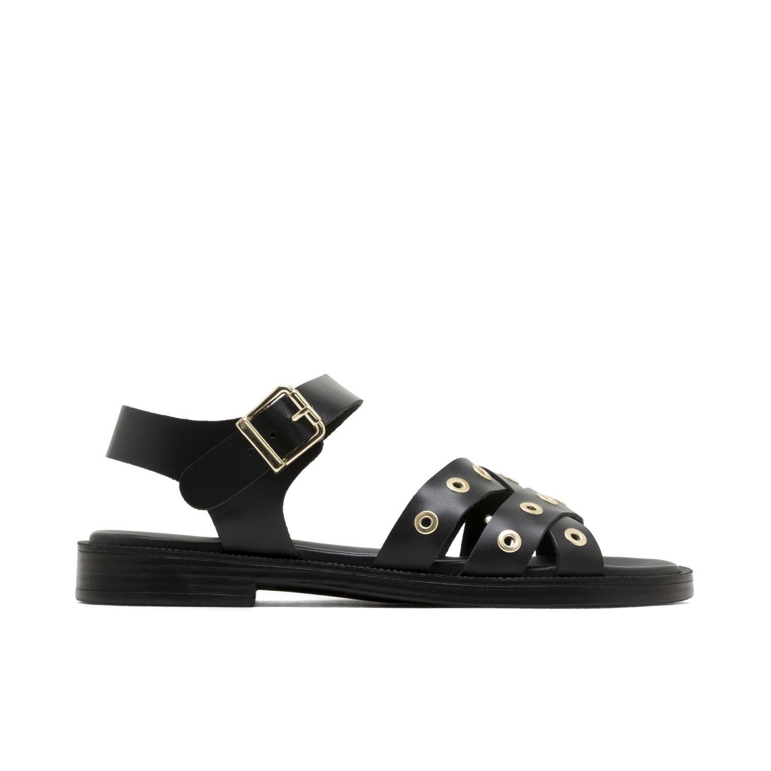 Sandalia Plana de Piel Negra con Tachuelas Claudia – Confort Acolchado y Estabilidad Antideslizante – Tiras Cruzadas y Hebilla Ajustable – Hechas en España para un Estilo Artesanal – Disponibles en Ta