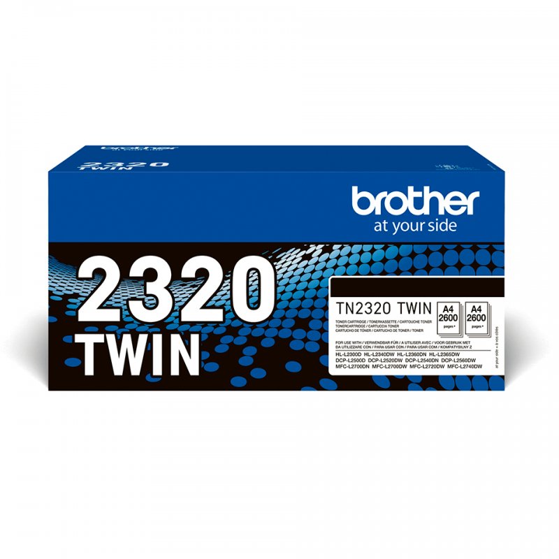 Original Brother TN2320TWIN Black Toner Pack 2 Units includes two long-lasting cartridges for up to 2,600 pages, designed for optimal performance with Brother printers while reducing environmental impact.