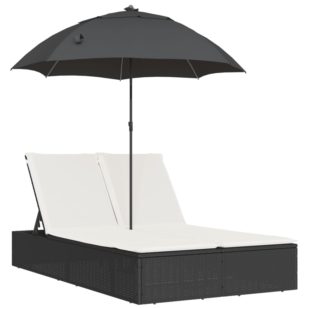 Vidaxl Tumbona Doble con Cojines y Sombrilla Ratán Sintético - Negro
