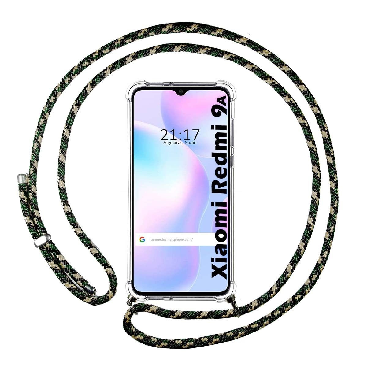 Tumundosmartphone Funda Colgante Transparente para Xiaomi Redmi 9A / 9AT con Cordon Verde / Dorado