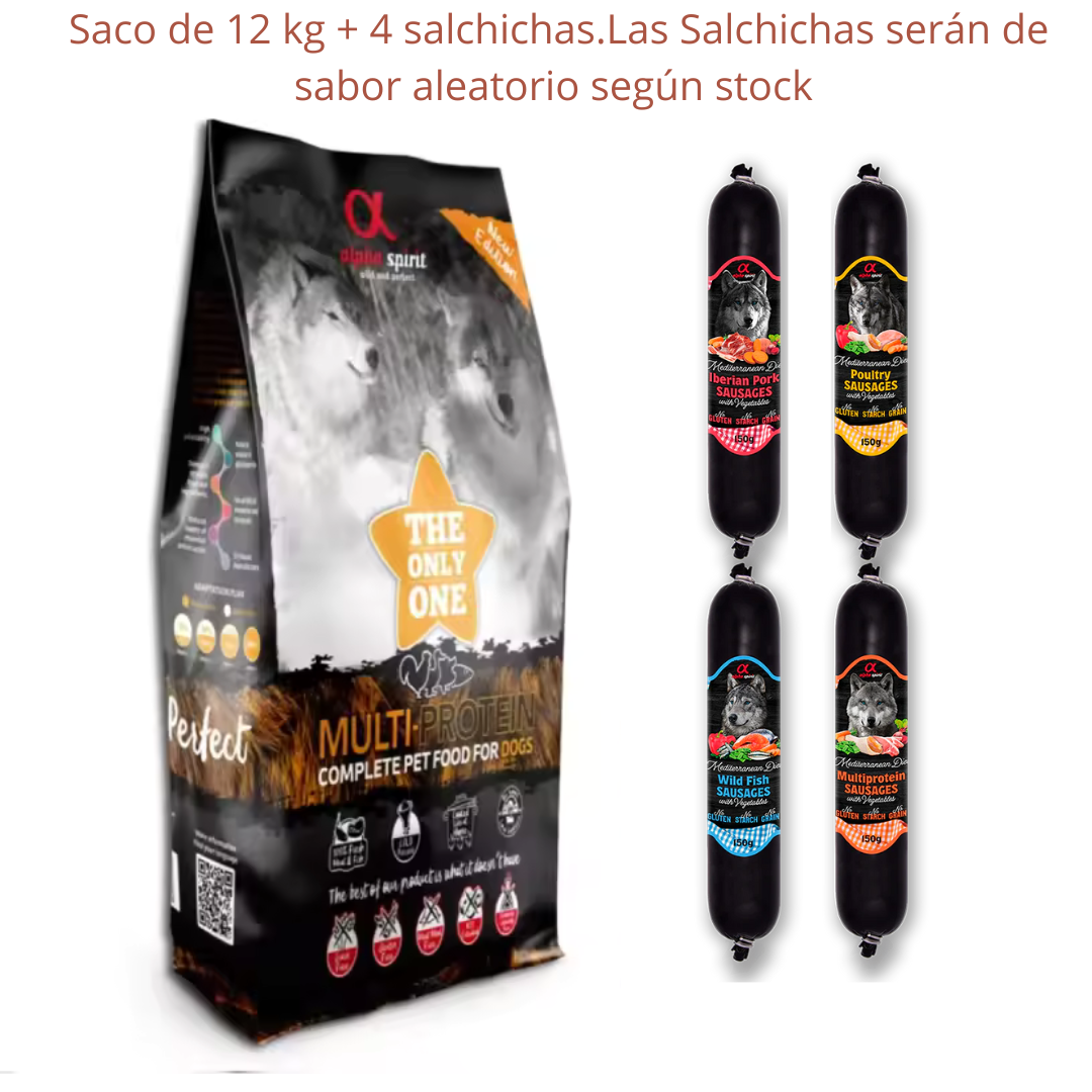 Alpha spirit alimento the only one multiprotein 12kg+ 4 Salchichas 150 g Alimentos secos para perros