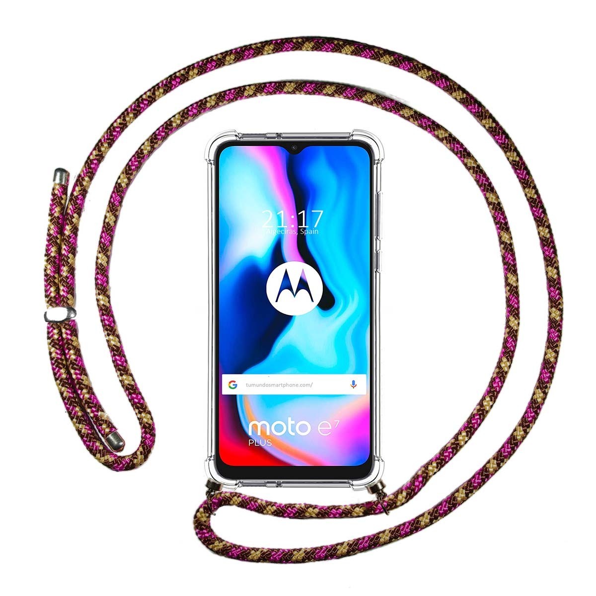 Tumundosmartphone Funda Colgante Transparente para Motorola Moto G9 Power con Cordon Rosa / Dorado