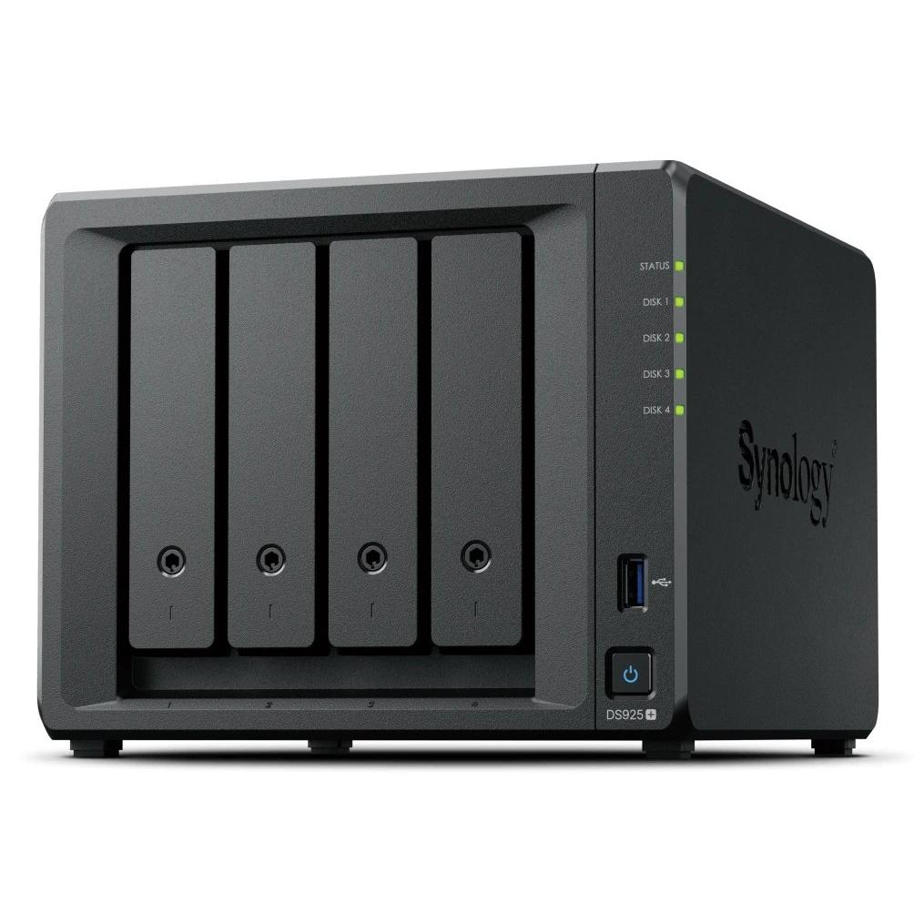 Synology - Servidor NAS DS925+ con procesador AMD Ryzen V1500B de 4 núcleos, 4 GB DDR4 ECC ampliable a 32 GB, soporte NVMe M.2 y SATA, ideal para pymes y virtualización ligera
