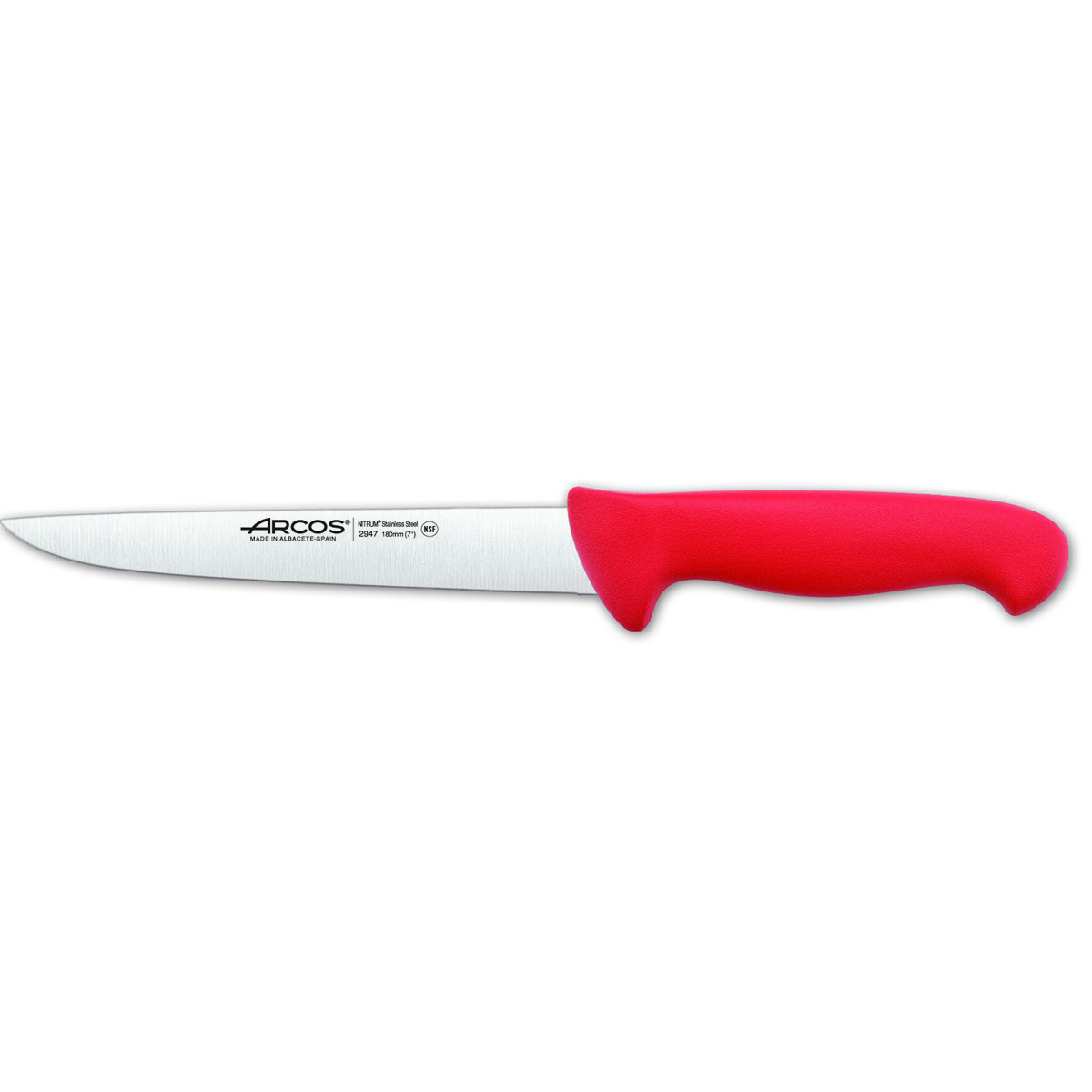 Cuchillo de Carnicero Arcos Colour - Prof 294722 de Acero Inoxidable Nitrum y Mango Ergonómico de Polipropileno de Color Rojo y Hoja de 18 Cm, Funda Display