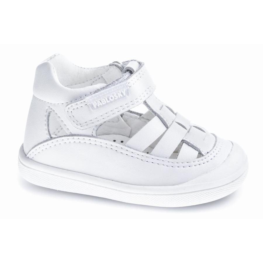 Sandalias Pablosky plus blanco gama de calzado respetuoso de Pablosky cangrejeras barefoot para gateo y primeros pasos de piel made in Spain
