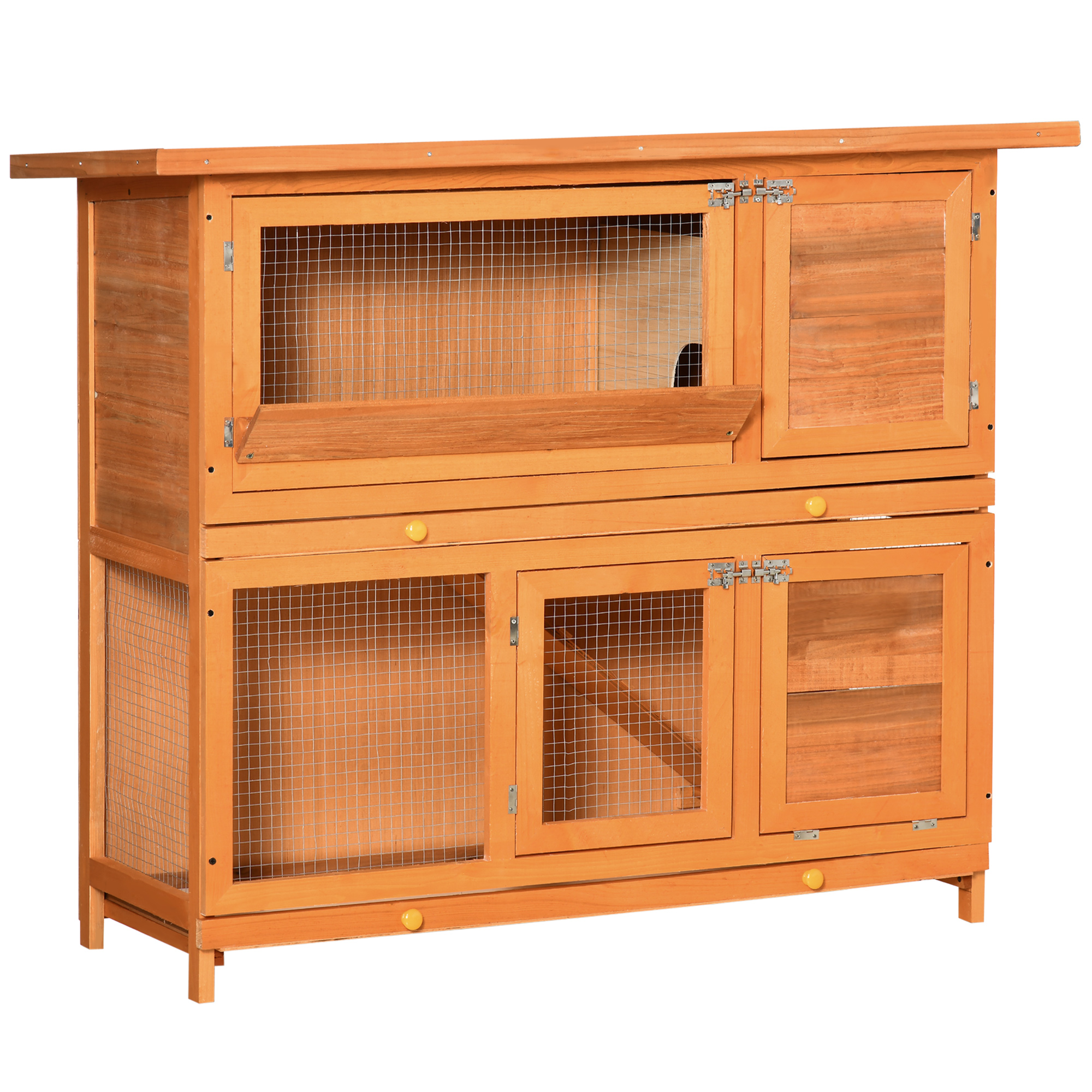 PawHut Conejera de Madera Exterior 120x48x100 cm de 2 Niveles Jaula con Techo de Asfalto Abrible Puertas y 2 Bandejas Extraíbles