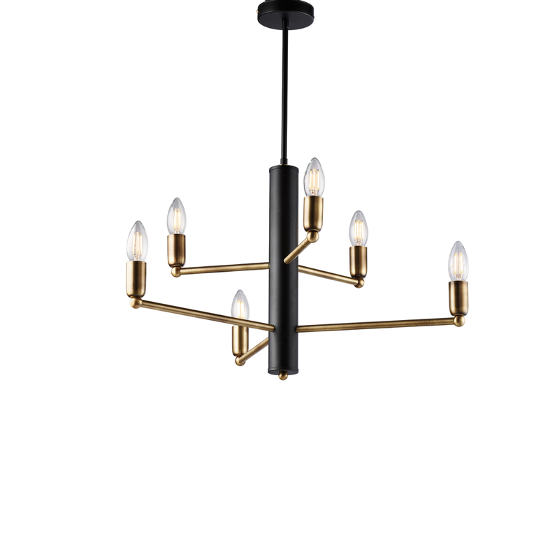 Lámpara de suspensión Isak en hierro lacado negro con acabados en latón bruñido cepillado 6 luces H.66 Ø53 BL311-6-NR - Belight