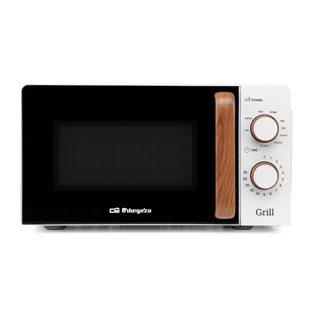 Orbegozo MIG 2142- Microondas con grill de 20 litros de capacidad, diseño nórdico, asa de madera, 5 niveles de potencia, temporizador, 700-900 W
