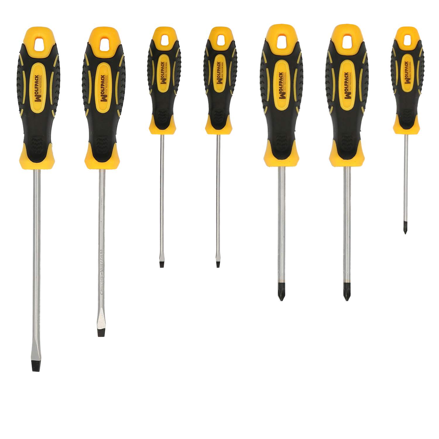 SANCO STORE - WOLFPACK LINEA PROFESIONAL Juego Destornilladores Acero Cromo Vanadio 7 Piezas Con Mango Bimaterial