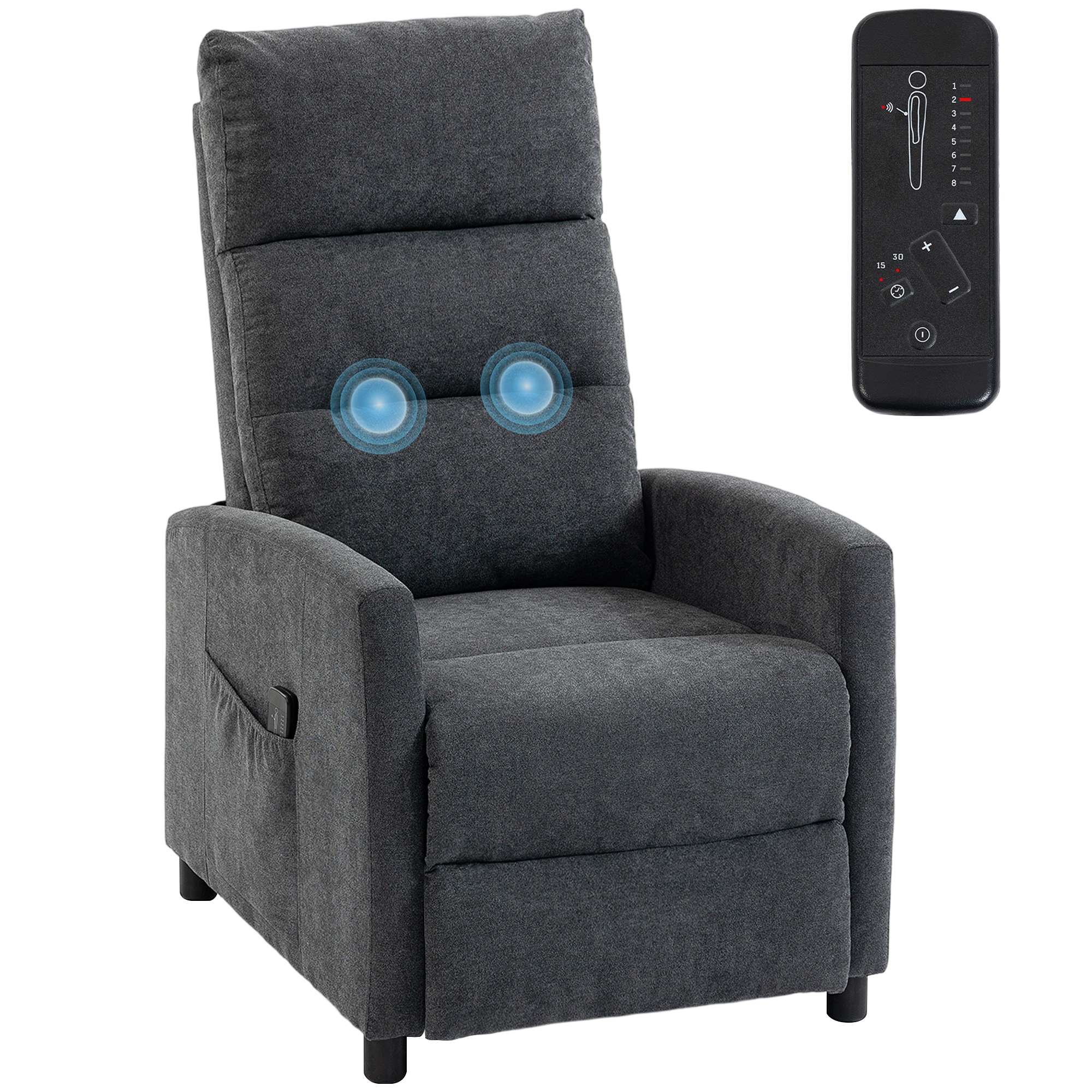 HOMCOM Sillón de Masaje, Sillón Relax Reclinable 160° con Mando a Distancia, Reposapiés, 2 Zonas de Masaje, Respaldo Alto, Asiento de Muelles, Bolsillos, Tapizado en Chenilla, 66x91x108 cm