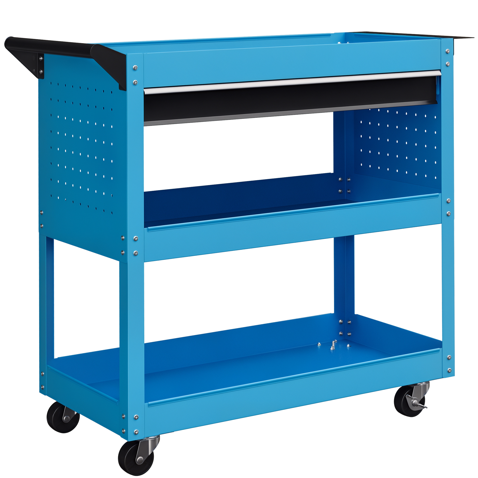 DURHAND Carro de Taller, Carro de Herramientas con 3 Bandejas, Cajón, Panel Lateral Perforado, Asa Lateral, Ruedas con Frenos, para Garaje Mecánico, Hogar, Azul