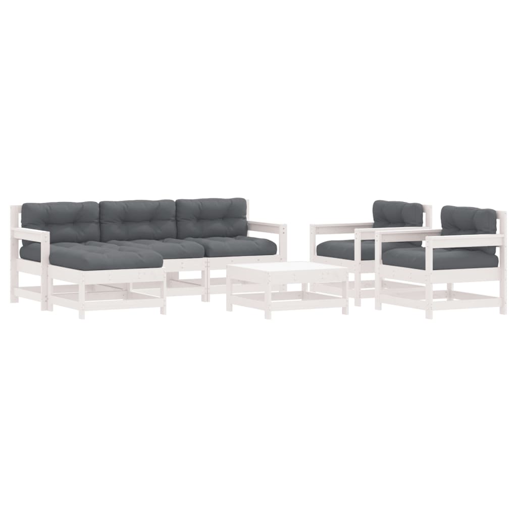 vidaXL Juego de muebles jardín 7 piezas y cojines madera maciza blanco