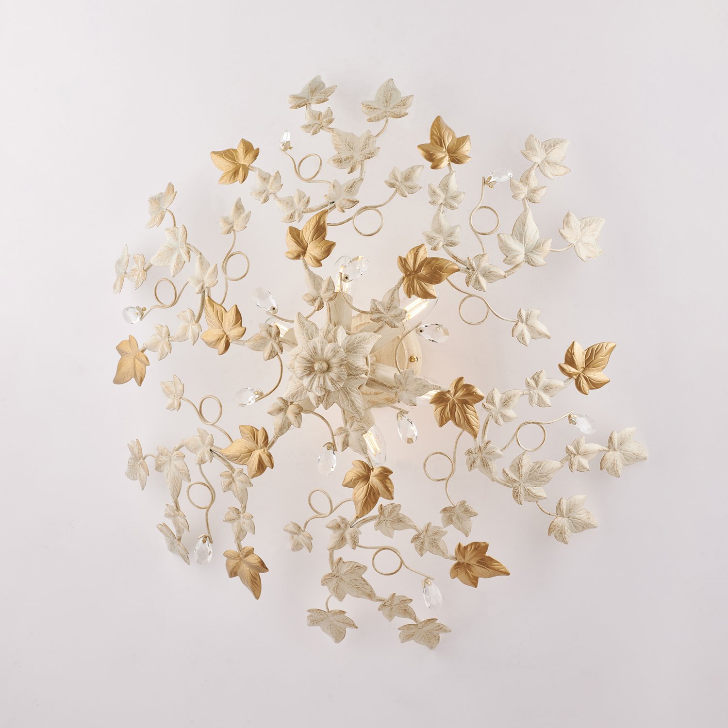 Shabby Ivy 6 luces luz de techo hierro forjado marfil oro con hojas y cristales
