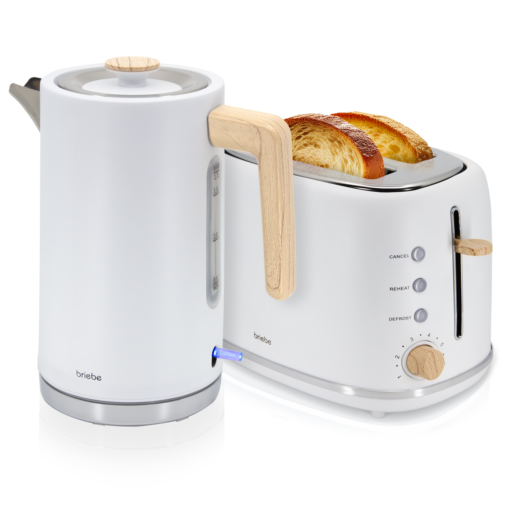 Briebe SKT1167WHT Nordic Set Tostadora Pan Ranura Ancha 2 Rebanadas + Hervidor  Agua Eléctrico 1,7L Inalámbrico, 2200W, Blanco
