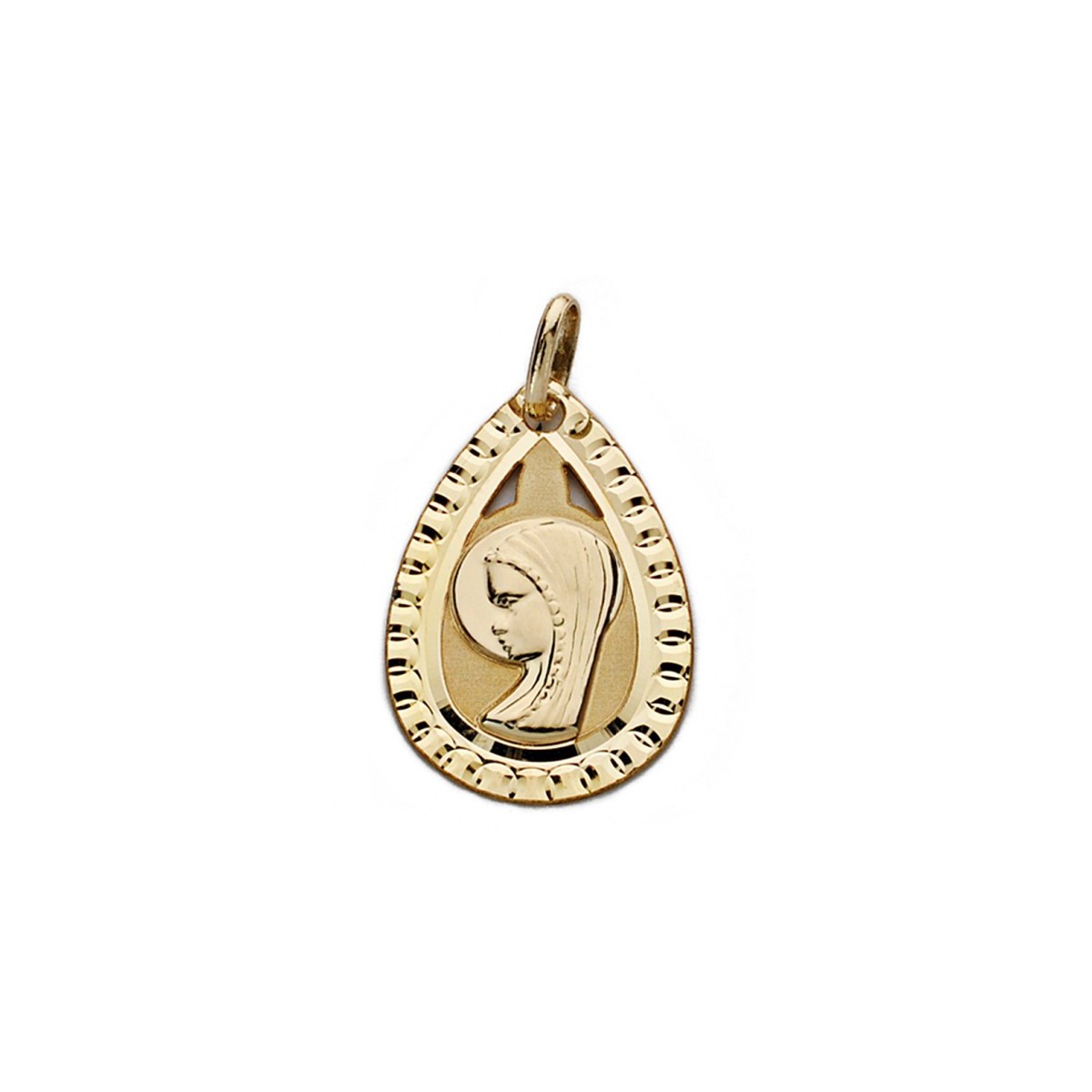 Medalla oro 9k Virgen Niña ligera 20mm. forma lágrima tallado