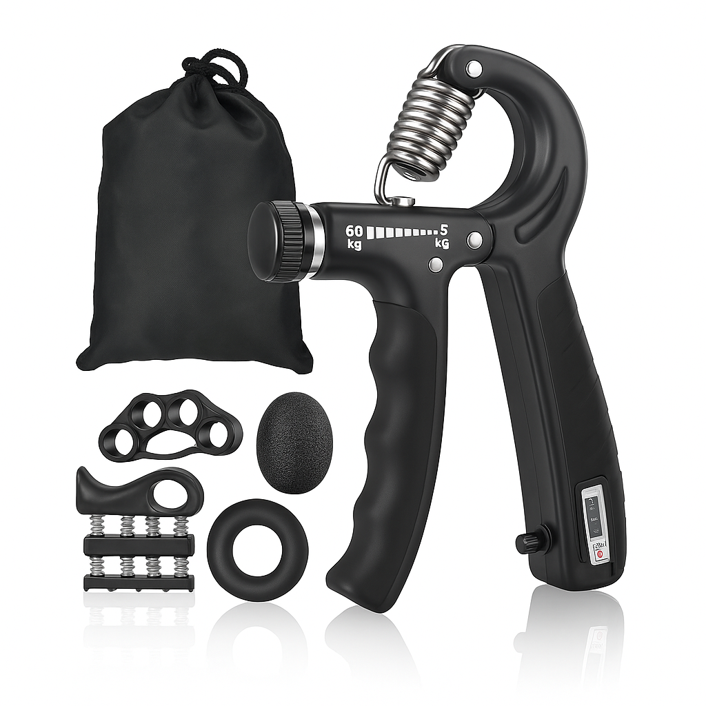 Kit Fortalecedor de Mano y Antebrazo Ajustable 5-60 kg – Set Completo con Contador, Anillos de Resistencia, Ejercitador de Dedos y Bolsa de Transporte – Ideal para Rehabilitación, Escalada, Fitness y Alivio de Estrés