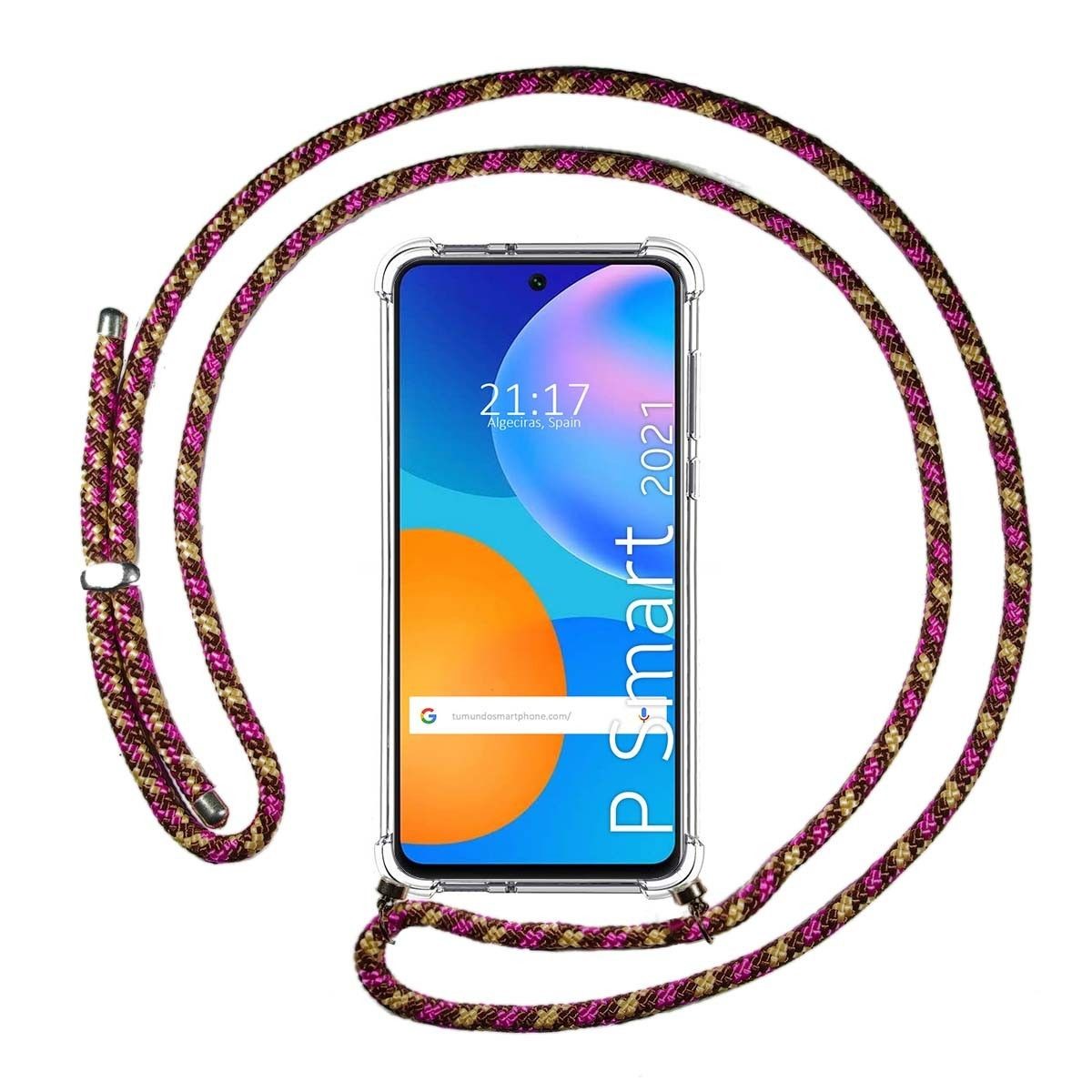 Tumundosmartphone Funda Colgante Transparente para Huawei P Smart 2021 con Cordon Rosa / Dorado