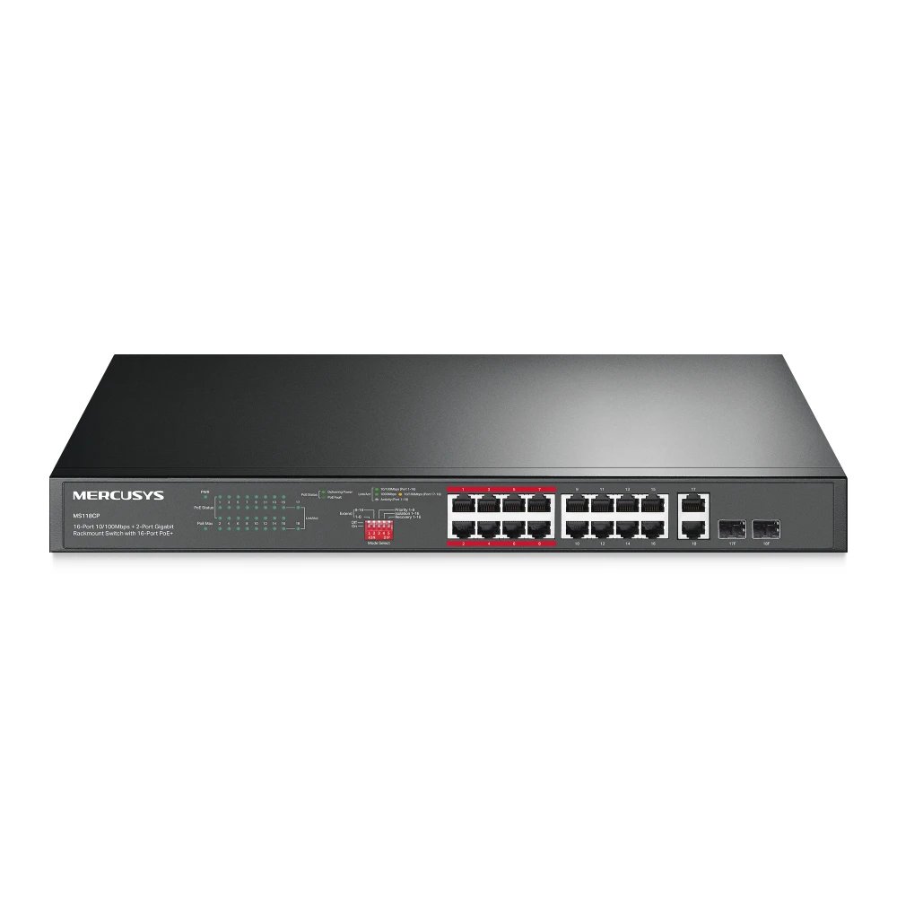HUB Switch puertos 16 puertos Mercusys MS118CP  | Puertos Ethernet, Negro