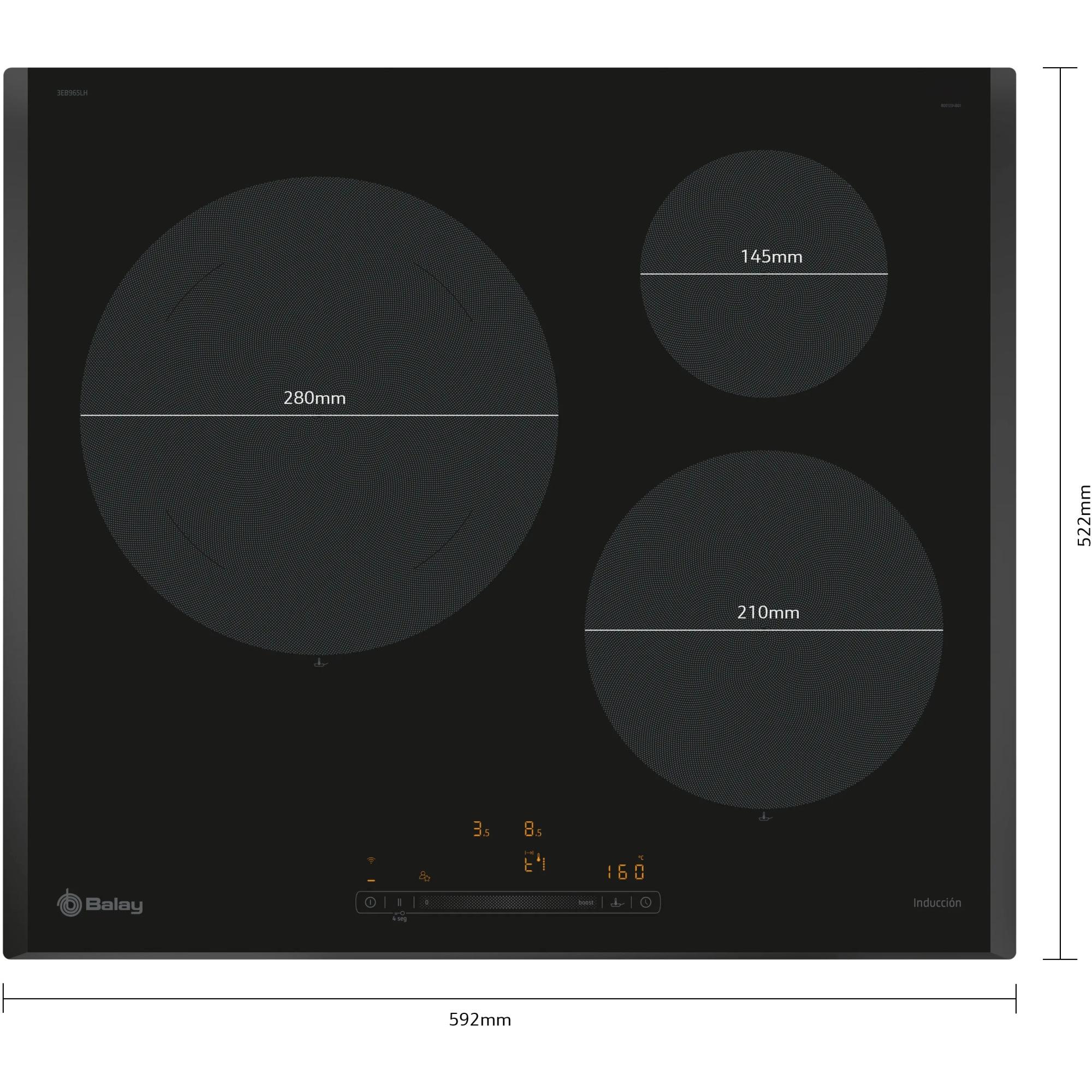 Placa de Inducción 60cm BALAY 3EB965LH  | 3 zonas de cocción, Fuego 28cm, 3400W, Negro, con Control de temperatura, Home Connect, Control Deslizante