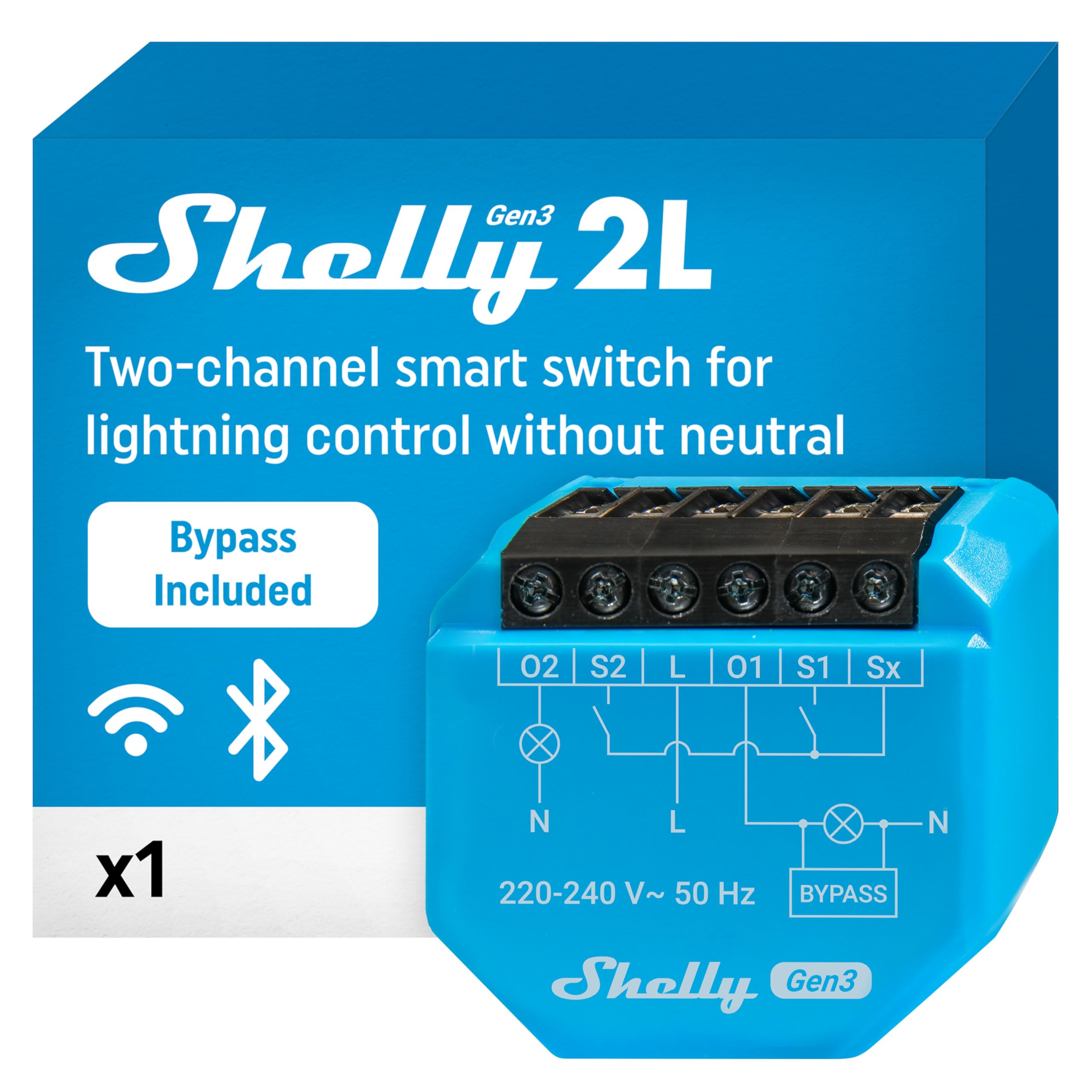 Shelly 2L Gen3 Con Bypass- Interruptor Inteligente WLAN, 2 Canales, Alexa, Google Home, No Requiere Concentrador, Mando A Distancia, No Requiere Conductor Neutro, Montaje Empotrado