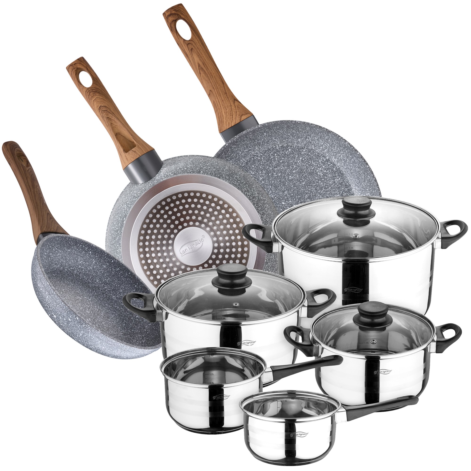 Batería de cocina 5 piezas acero inoxidable y set 3pcs sartenes 16/20/24 rojo, aluminio prensado, inducción