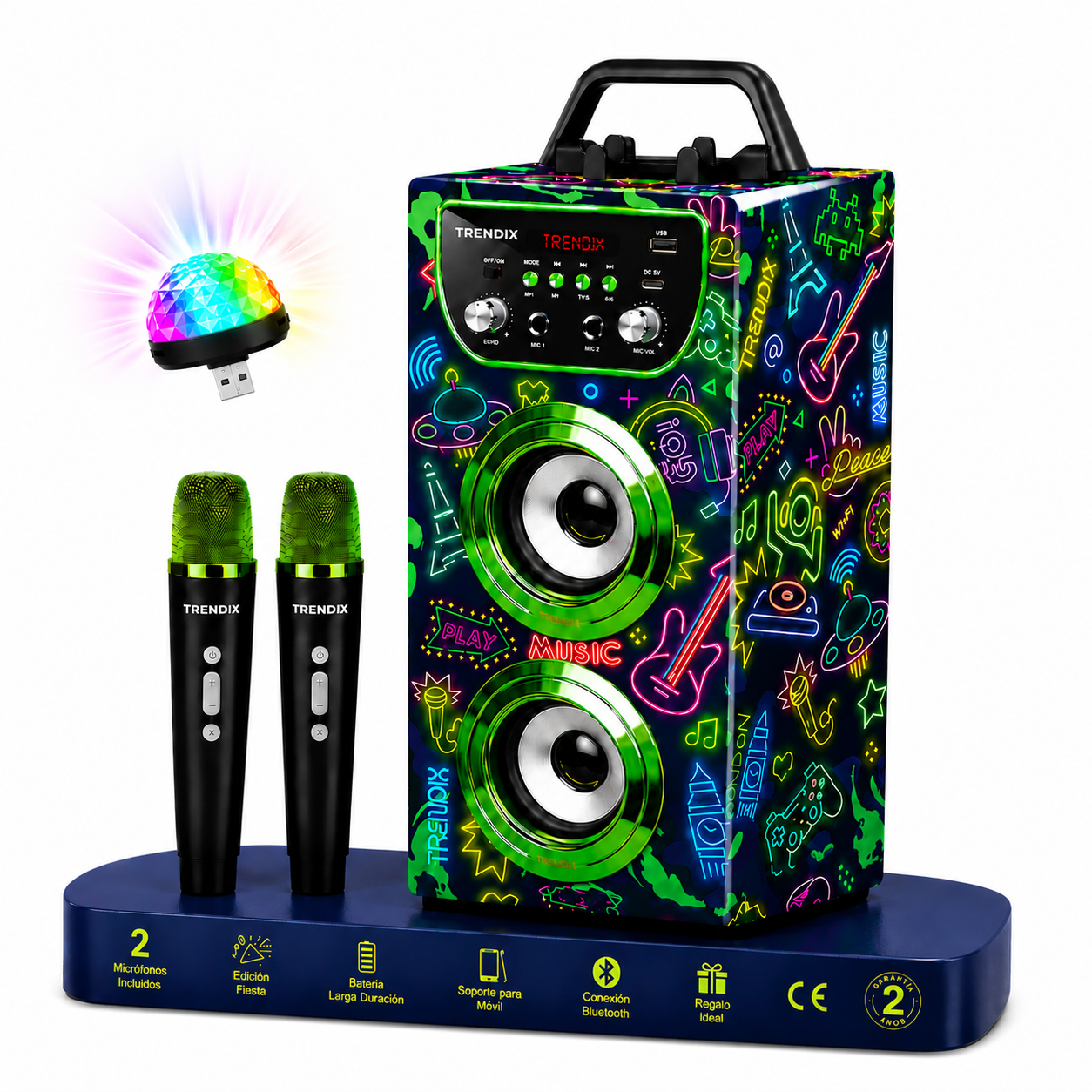 Trendix - Karaoke 2 Microfonos Inalambricos Neon World | Karaoke Infantil | Altavoz Karaoke | Karaoke Niña Y Karaoke Niños | Altavoz Bluetooth con Microfono Y Radio FM | Regalos Comunion Niña
