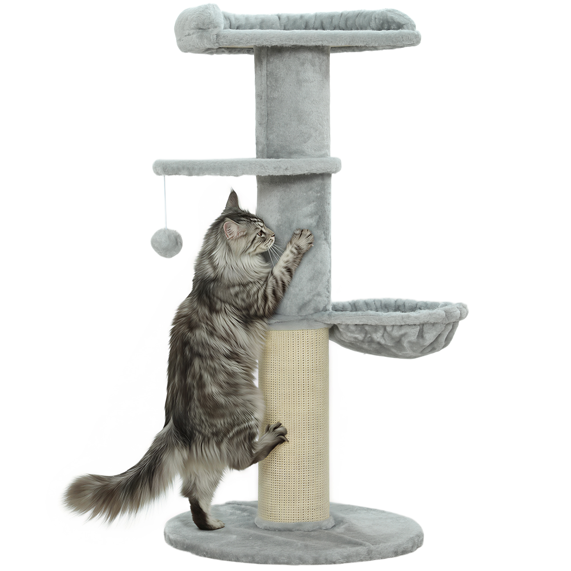 PawHut Árbol Rascador para Gatos, Árbol para Gatos 103,5 cm, Torre Escalador con Cama, Hamaca, Plataforma, Poste de Sisal Extra Grueso, Bola Colgante, Gris Claro