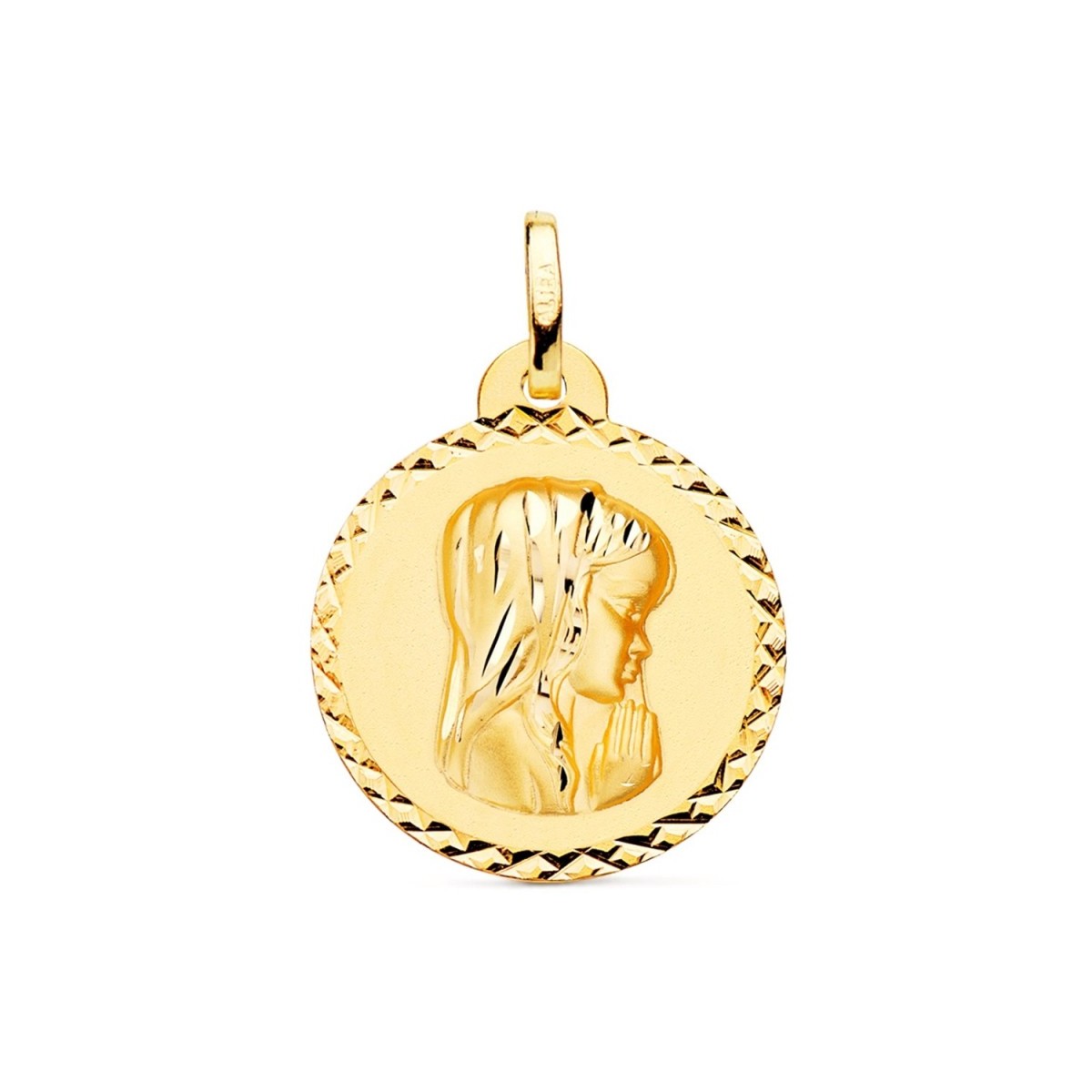 Medalla oro 18k Virgen Niña 20mm. relieve lisa redonda detalle cerco tallado