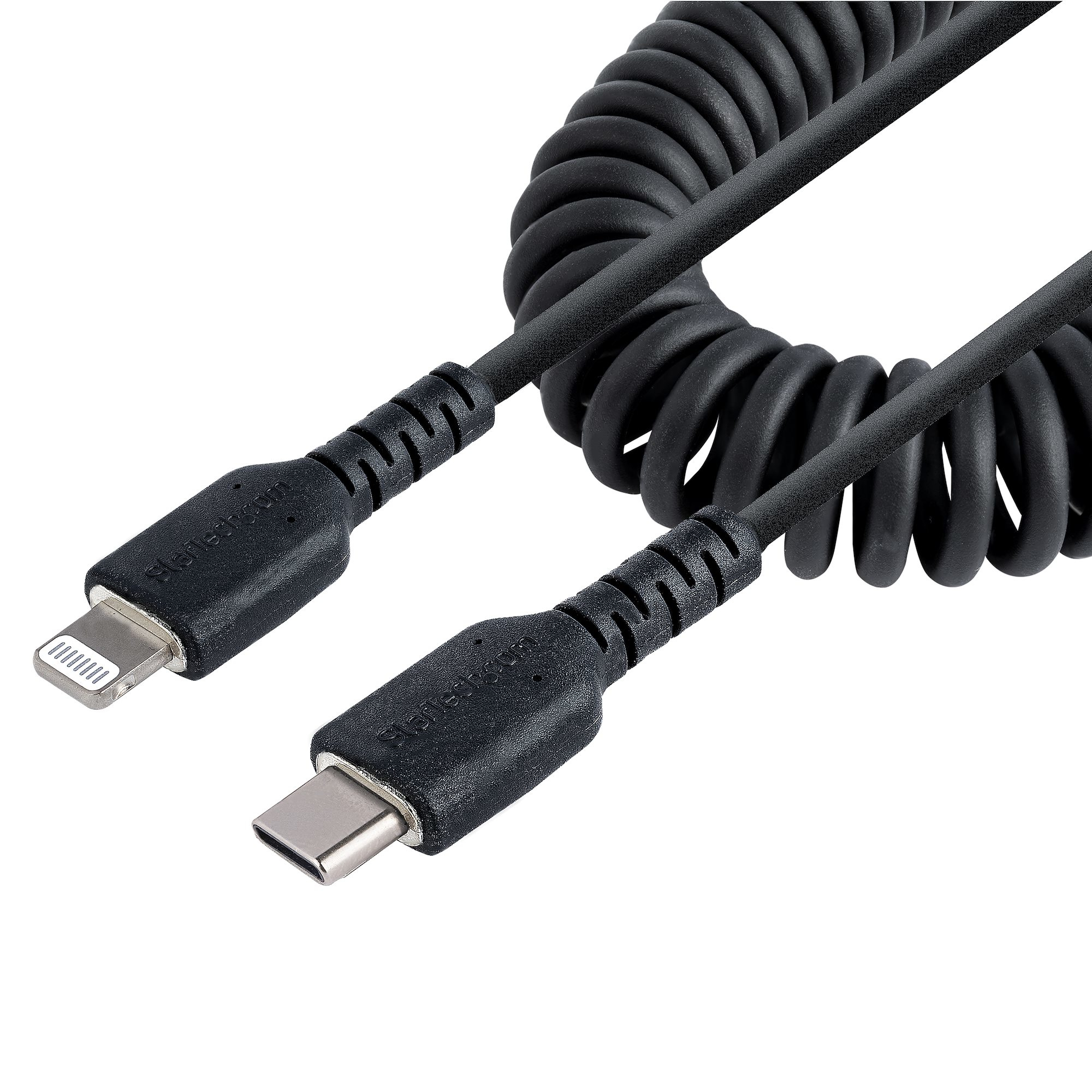 StarTech.com Cable de 50cm USB-C a Lightning MFi, Cable USB Tipo C Rizado de Carga Negro para iPhone