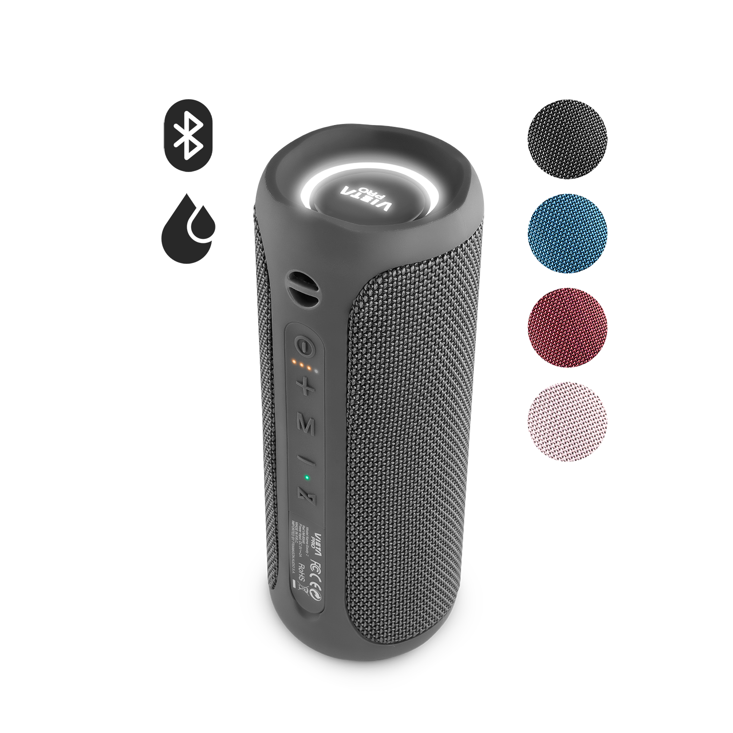 Altavoz Goody 2 de Vieta Pro, con Bluetooth 5.0, True Wireless, Micrófono,  Radio FM, 12 horas de batería, Resistencia al agua IPX7, entrada auxiliar y  botón directo al asistente virtual, color rosa. 