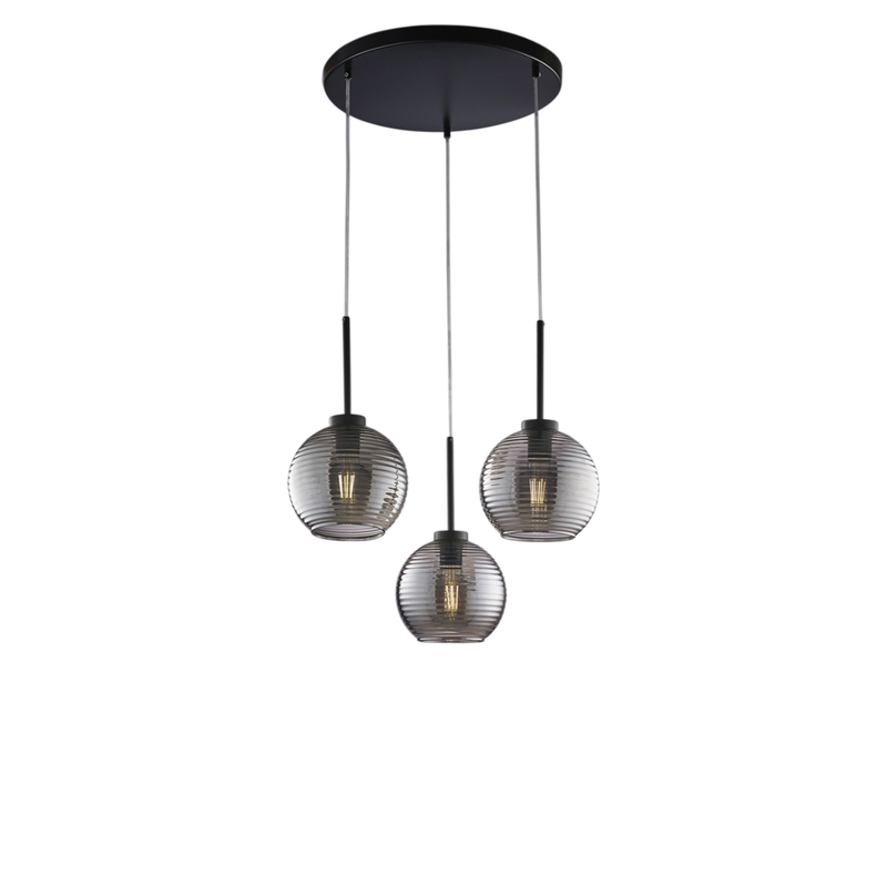 Lámpara colgante Ankara negra con cristal espejo gris rayado y cables orientables, 3 luces - Belight