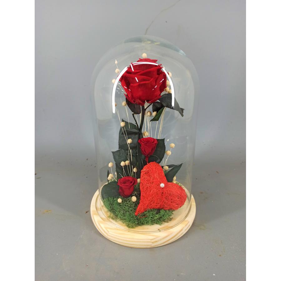 Cúpula de Cristal con Rosa Preservada y Rosas Pequeñas para San Valentín