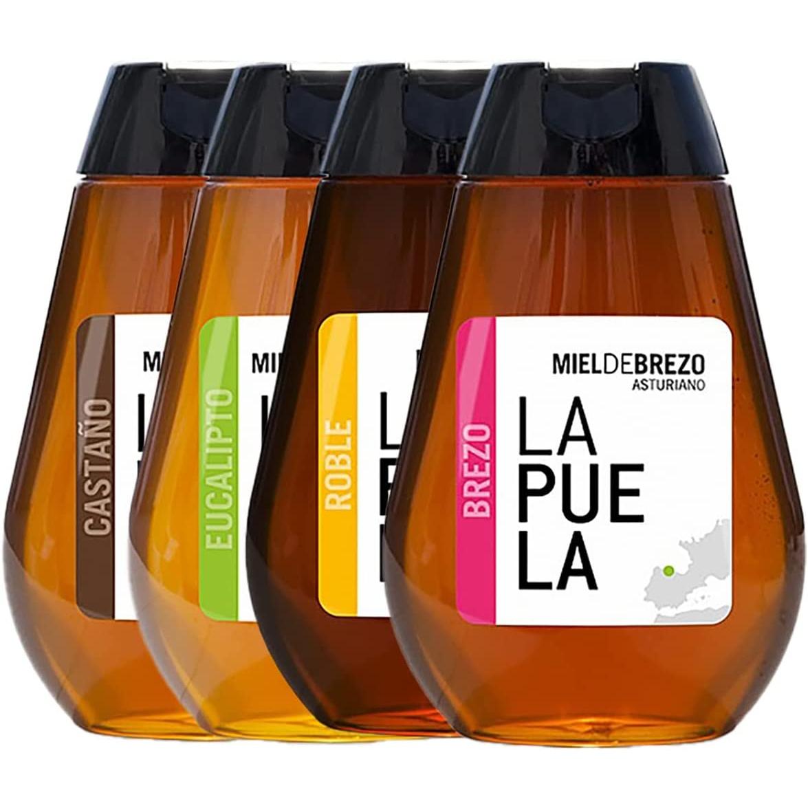 LAPUELA Pack miel Roble, Castaño, Brezo y Eucalipto. Miel tradicional de origen natural desde Asturias - Aroma floral, intenso y persistente (350gr)
