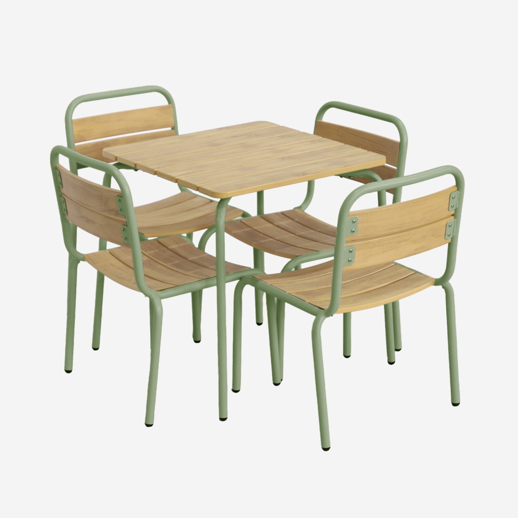 sweeek - Mesa de jardín infantil de acero y decoración de madera con 4 asientos , Suzie , 48x48x47