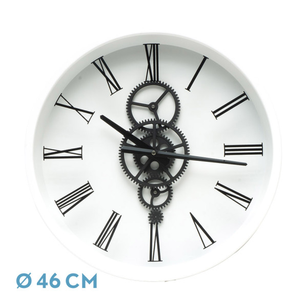Reloj de pared DUQUE blanco negro 46x46x7 cm engranajes con movimiento
