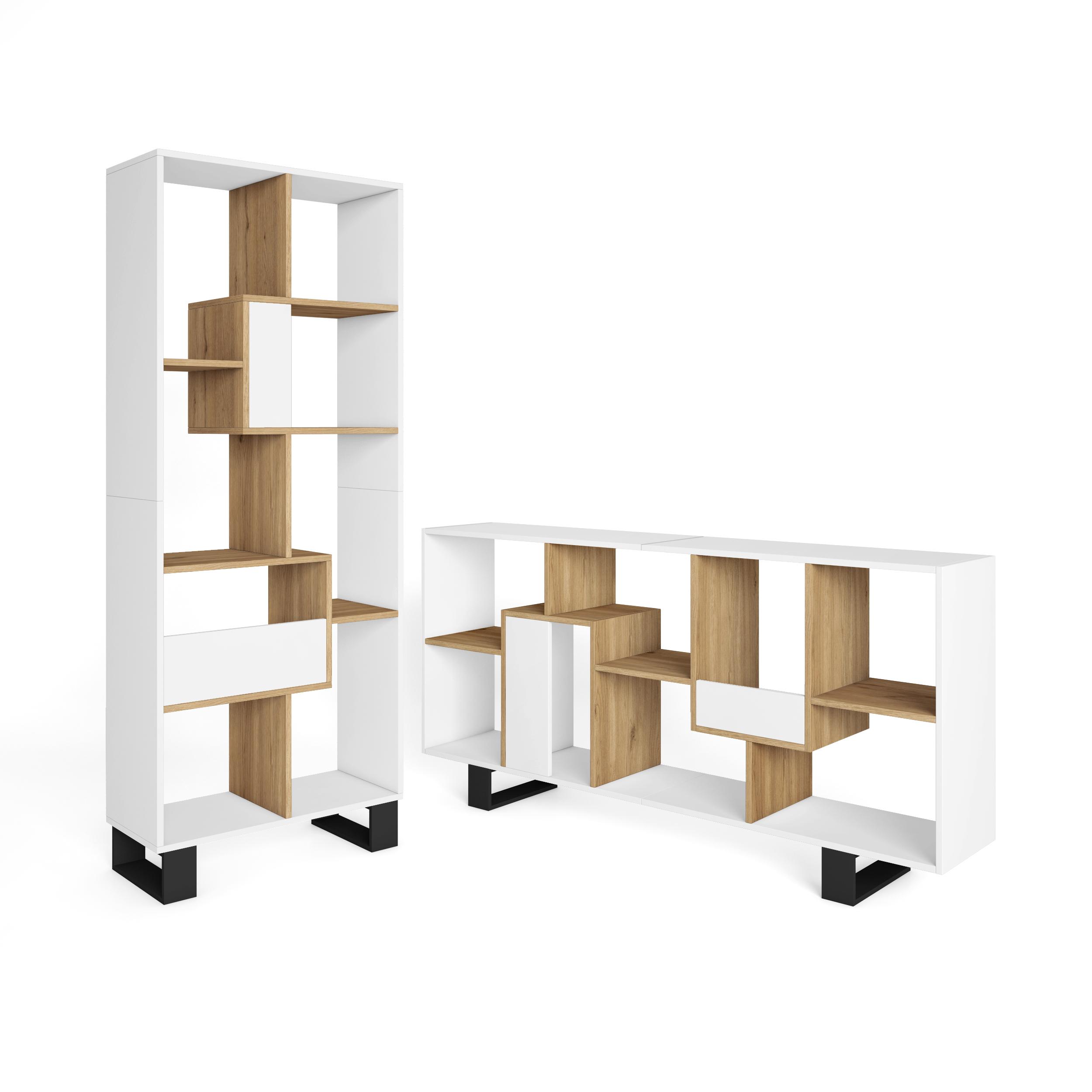 Skraut Home, Librería estantería, Estanteria libros de pared, 67x31x174cm, Diseño industrial, Estilo Moderno, Blanco y roble