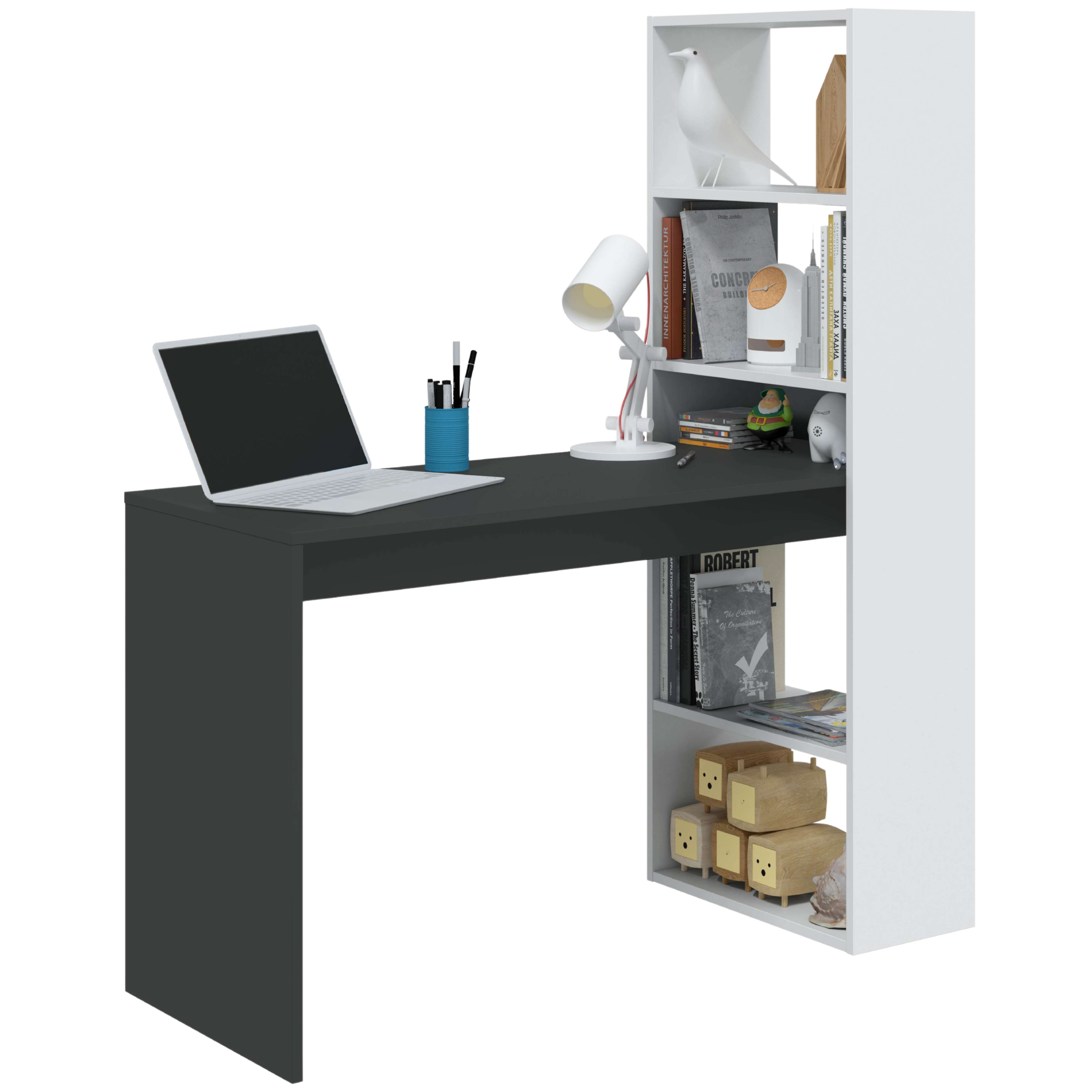 Miroytengo Mesa de Escritorio Duplo con Estantería Reversible en Colores Blanco Artik, Blanco Artik/Roble o Blanco Artik/Gris Fabricado en Melamina 120x144x53 cm