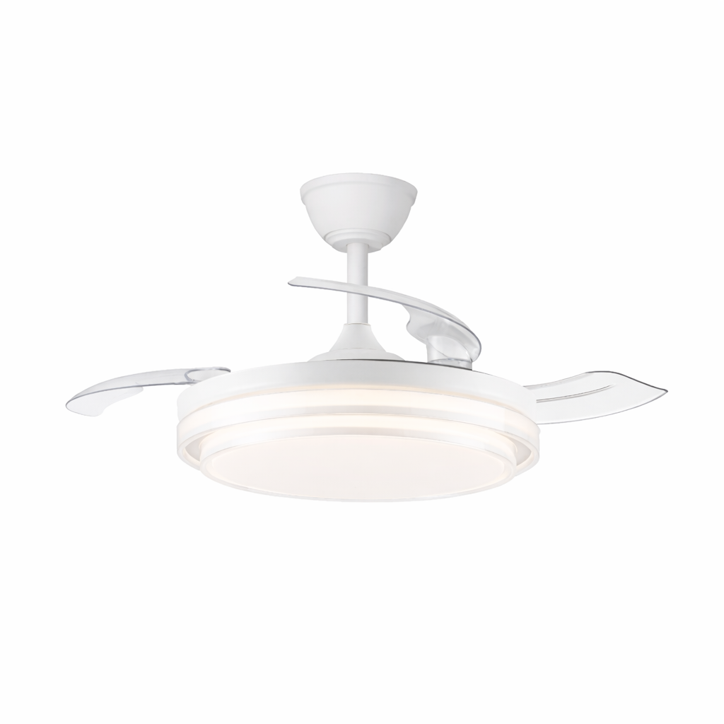 Ventilador de techo modelo PAMPIN L blanco, Smart app, motor DC 6 velocidades Tecnología Led 60W sistema CCT 6300 Lúmenes, Control remoto temporizador, regulable en color e intensidad, Memoria motor inverter verano/invierno ultra silencioso.