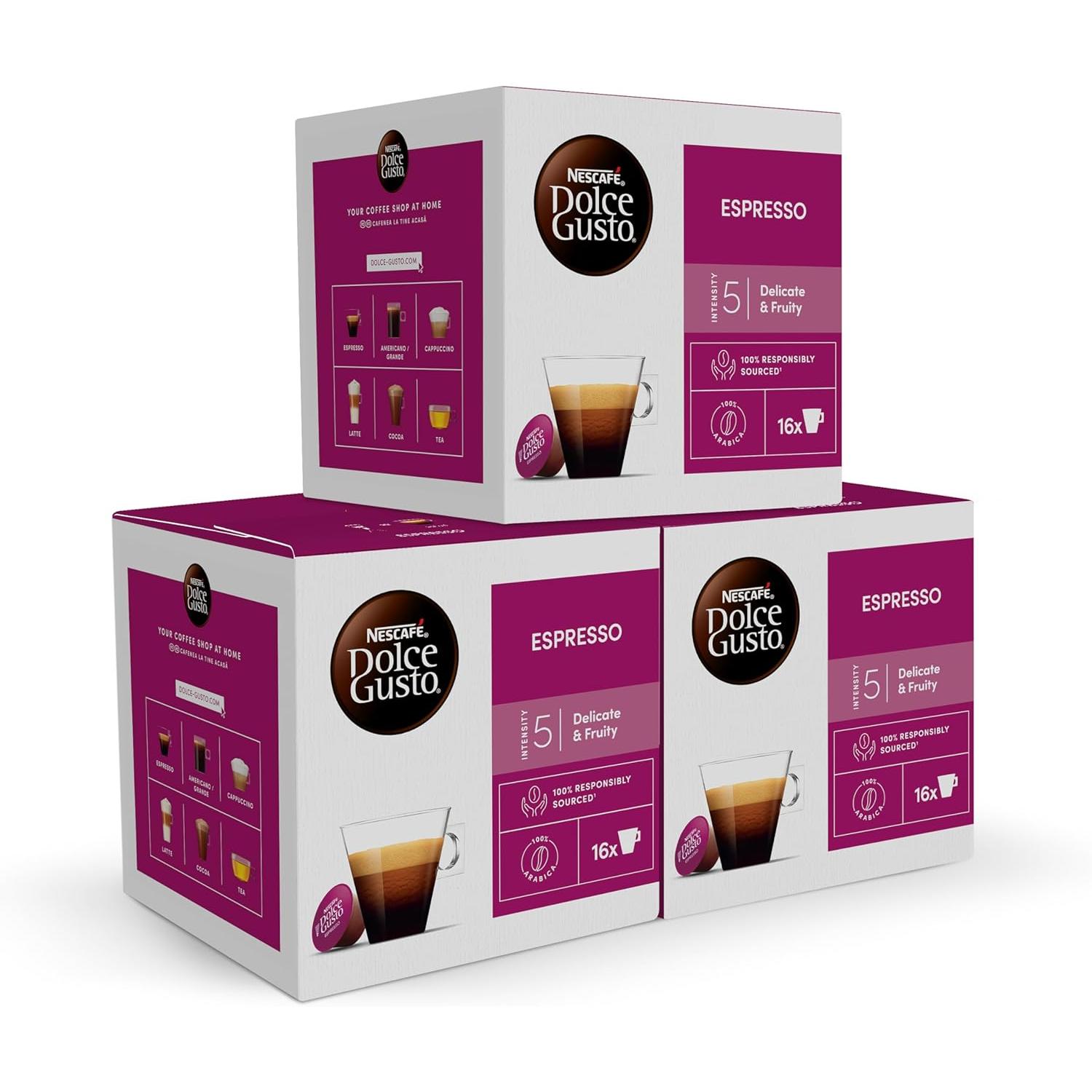 NESCAFÉ Dolce Gusto Espresso - Cápsulas de Café, 48 Cápsulas (3 x 16) - Intensidad 5 - Café corto con notas frutales - Originales para cafeteras Dolce Gusto