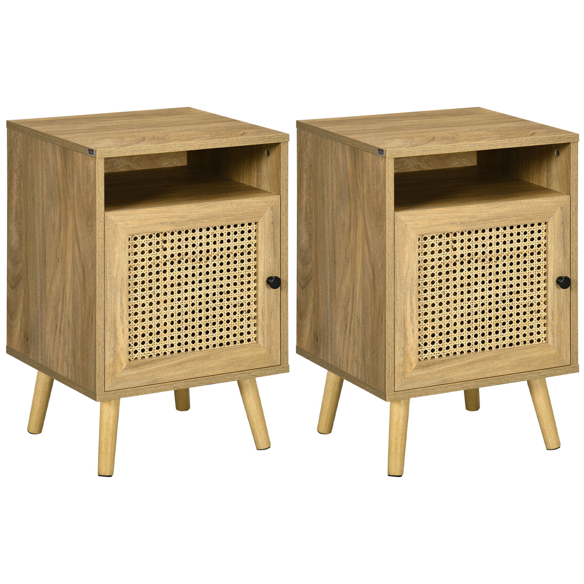 HOMCOM Mesita de Noche Mesilla de Noche con Puerta de Ratán y Compartimiento Abierto Mesa Auxiliar para Dormitorio Salón Cama 39x35x60 cm Natural