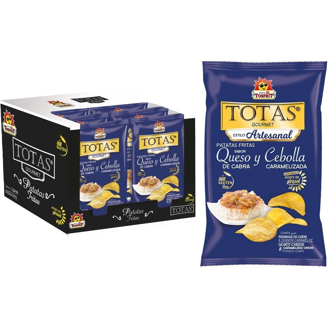 Tosfrit Aperitivos: Caja de Patatas Fritas Queso de Cabra y Cebolla Caramelizada - 9 bolsas con 130gr cada una