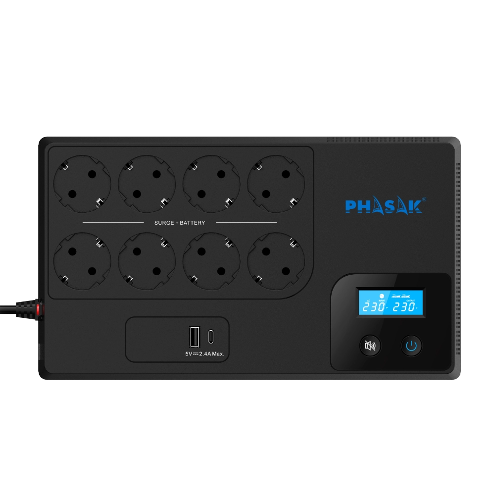 PHASAK - SAI interactivo 1050 VA con AVR y 8 tomas Schuko para oficina y hogar, carga USB-A/C frontal, protección inteligente contra picos y microcortes