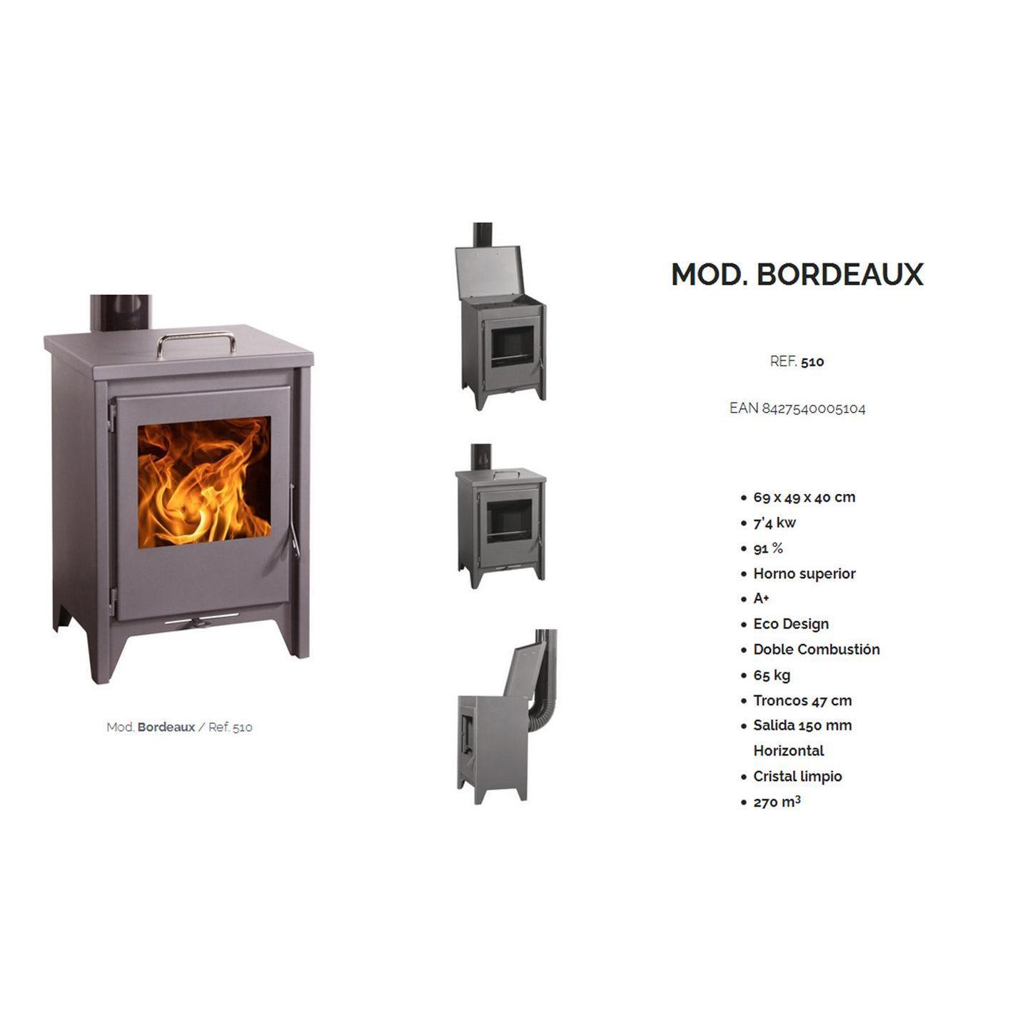 Estufa leña bordeaux 510 eco desing salida posterior tubo 150