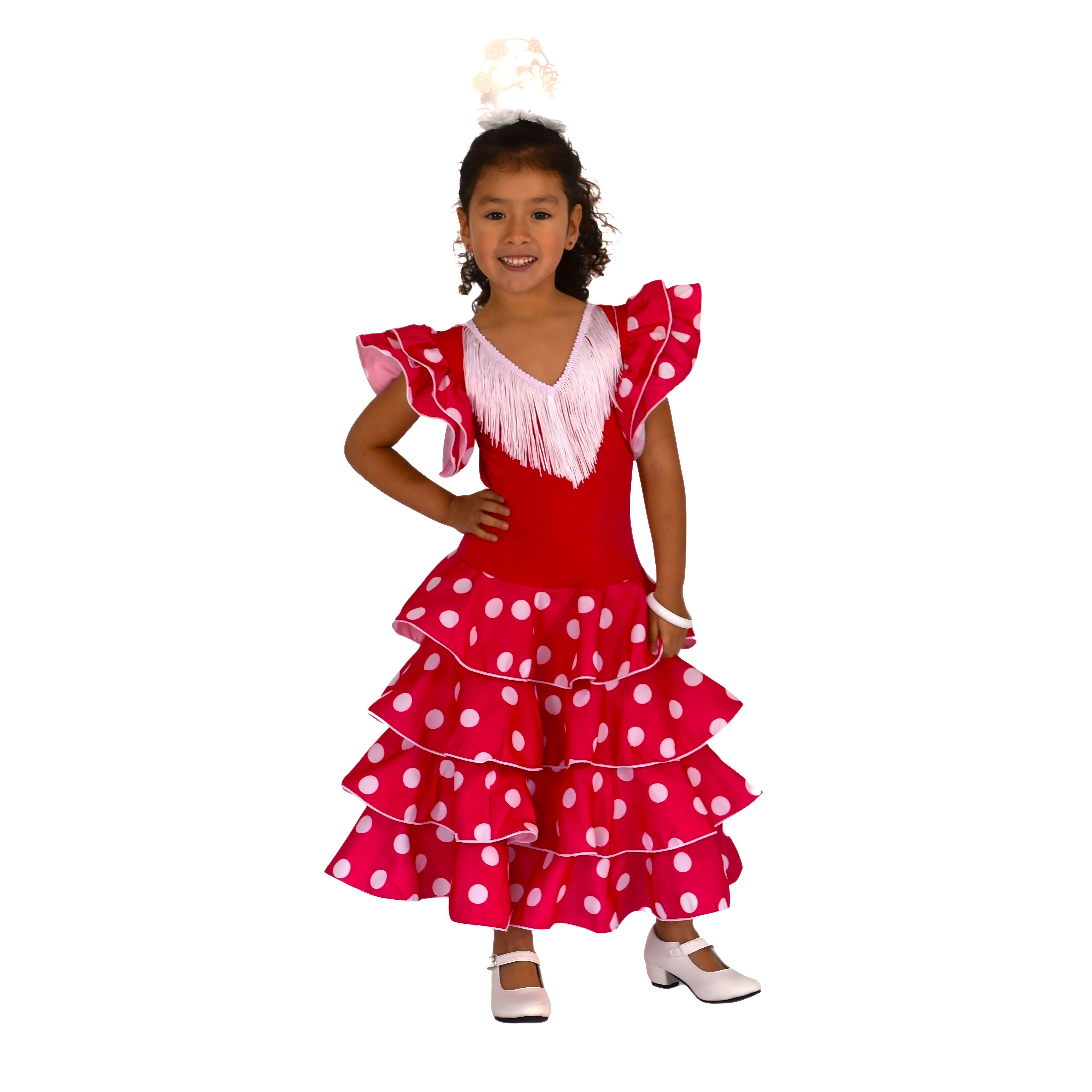 ANUKA Vestido de Niña Flamenco Sevillanas Largo Popelín Lunares Blancos Flecos Blancos Falda Tres Volantes Manga Doble Volante Streck Cuerpo Elástico Poliamida