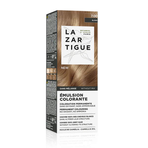 Lazartigue Emulsion Colorante Sin Amoníaco, Sin Oxidante, Sin mezcla 7.00 Rubio con Aceite de Camelia
