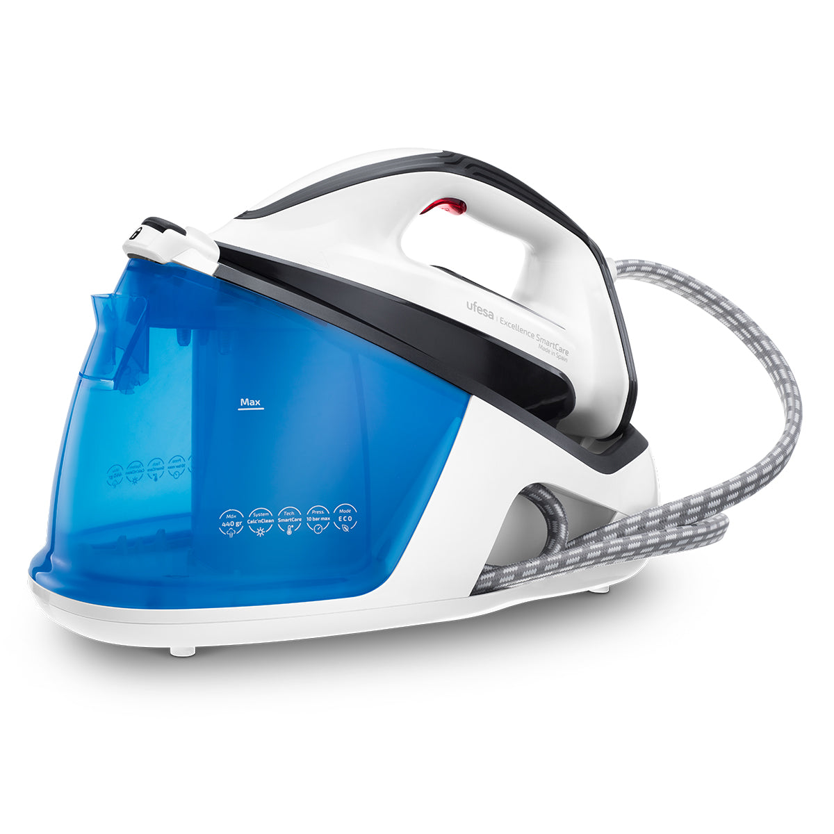 Ufesa - Centro de planchado Excellence SmartCare con 2400 W, 10 bar y golpe de vapor de 440 g/min para tejidos gruesos y arrugas difíciles, suela cerámica y tecnología SmartCare automática